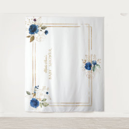 Tapiz Elegante Prop de Baby Shower Floral Azul con Dorad