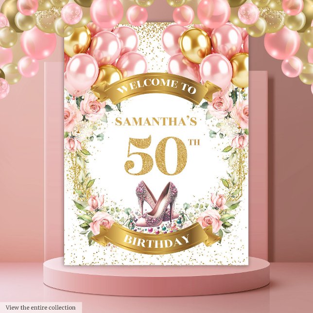 Tapiz Elegante Purpurina Rubor Flowers Gold de 50 años (Stylish 50th Birthday Blush Flowers Gold Glitter Tapestry)
