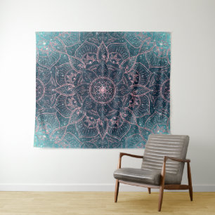 Tapiz Elegante Rosa Gold Mandala Estrellas de nebula azu