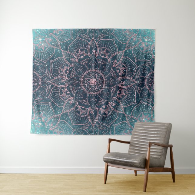 Tapiz Elegante Rosa Gold Mandala Estrellas de nebula azu (In situ (horizontal))
