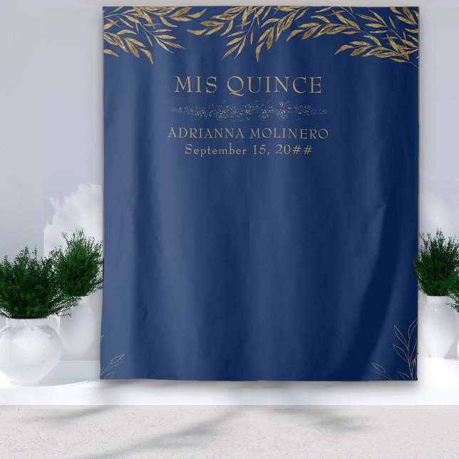 Tapiz Elegante Royal Blue y Gold Leaf Mis Quince (Royal Blue Party Backdrop from my Gold Leaf Quinceanera Collection)