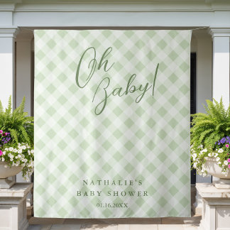 Tapiz Elegante Sage Green Gingham Baby Shower Backdrop