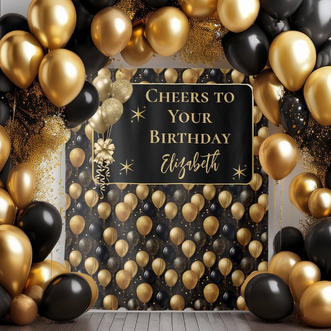 Tapiz Elegante telón de fondo de globos de cumpleaños de (Elegant Black and Gold Faux Glitter Balloons Pattern A021 "Cheers to Your Birthday" [Name] Backdrop)