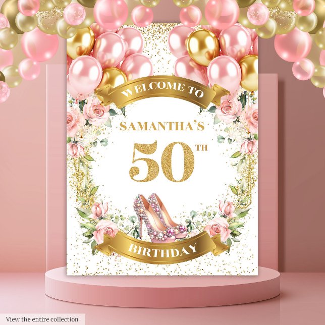 Tapiz Elegante telón de fondo Fiesta de las flores Rubor (Elegant 50th Birthday Blush Flowers Party Backdrop)