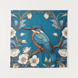 Tapiz Elegante Turquoise Kingfisher Bird Floral