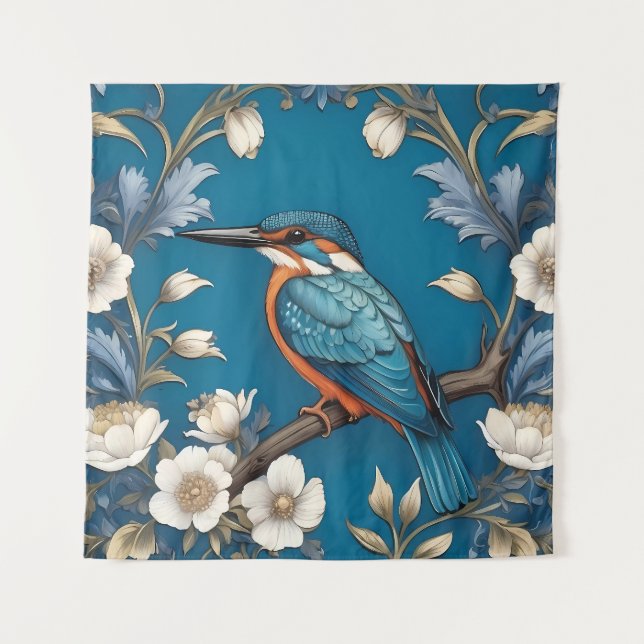 Tapiz Elegante Turquoise Kingfisher Bird Floral (Anverso)