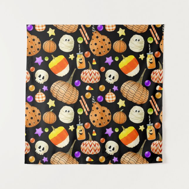 Tapiz Elementos de Halloween: calabazas, calavera, patró (Anverso)