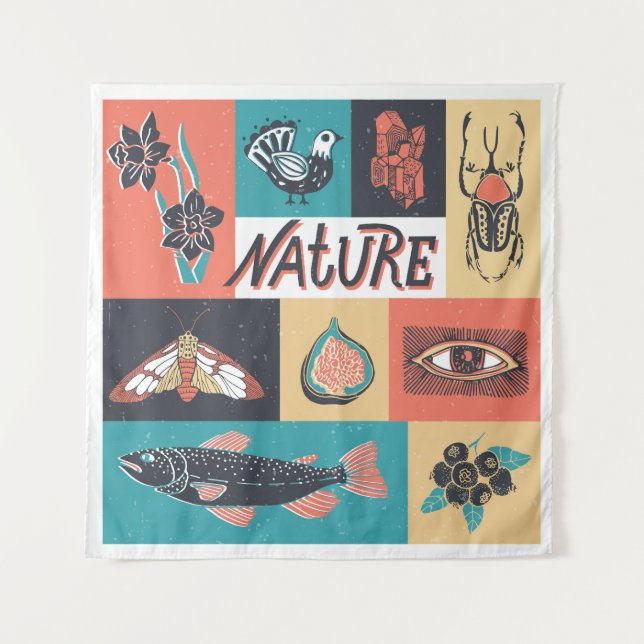 Tapiz Elementos Naturales, Iconos De Estilo Retro. (Anverso)