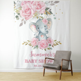 Tapiz Elephant Baby Pink Floral Baby Shower Fondo