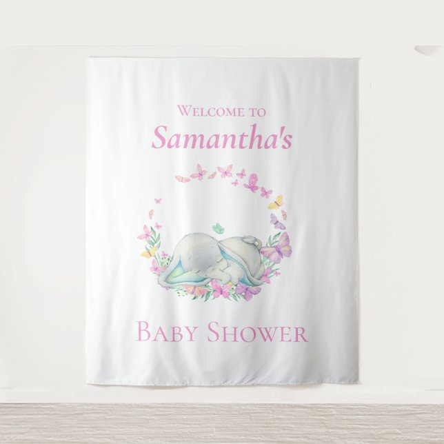 Tapiz Elephant Sleeping Butterflies Fondo Baby Shower (Anverso)