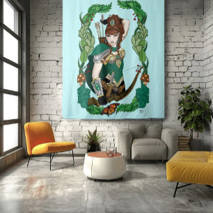 Tapiz Elfa Arquera del Bosque Encantado Verde Fantasía