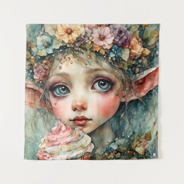 Tapiz Elfo Adorable Con Un Cupcake (Anverso)