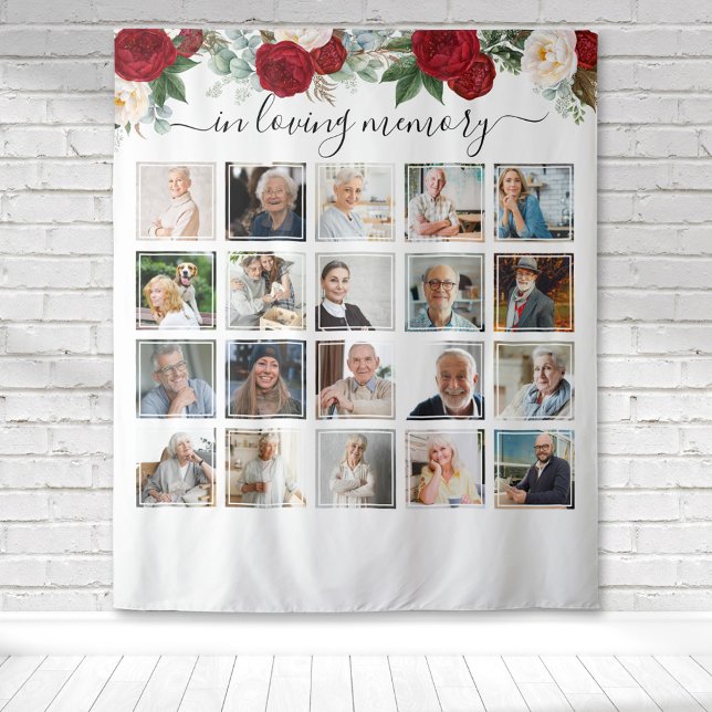 Tapiz En Memoria Amorosa 20 Foto Memorial Floral Rojo (Red and white rose watercolor floral botanical memorial collage tapestry to honor your loved one.)