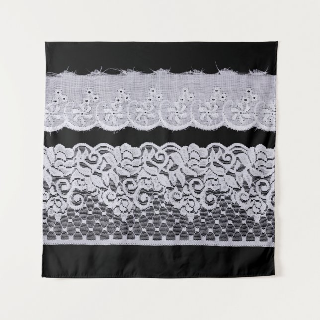 Tapiz Encaje blanco ornamental, fondo negro aislado. (Anverso)