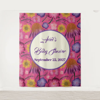 Tapiz Encantador Baby Shower rosado con flores silvestre