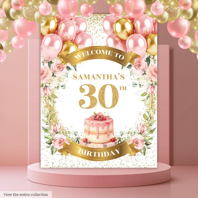 Tapiz Encantador Cumpleaños 30 Banner Cumpleaños Dorado  (Charming 30th Birthday Blush Gold Birthday Banner)