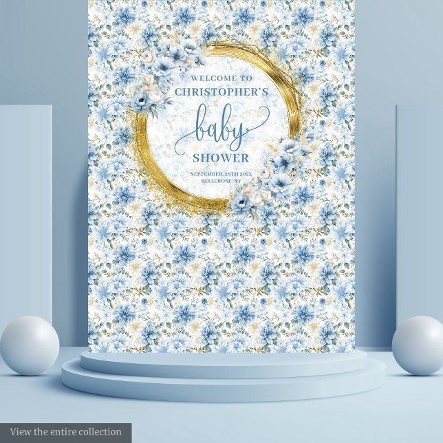 Tapiz Encantador Pastel Blue Gold Flowers Baby Shower (Charming Pastel Blue Gold Flowers Baby Shower Tapestry)
