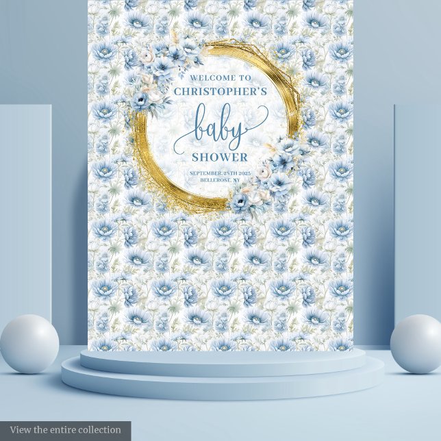 Tapiz Encantadora pancarta de bienvenida de bebé con flo (Charming Dusty Blue Gold Floral Baby Shower Banner Tapestry)