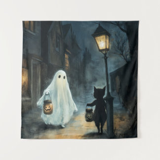 Tapiz Encuentro de Fantasma y Gato de Halloween