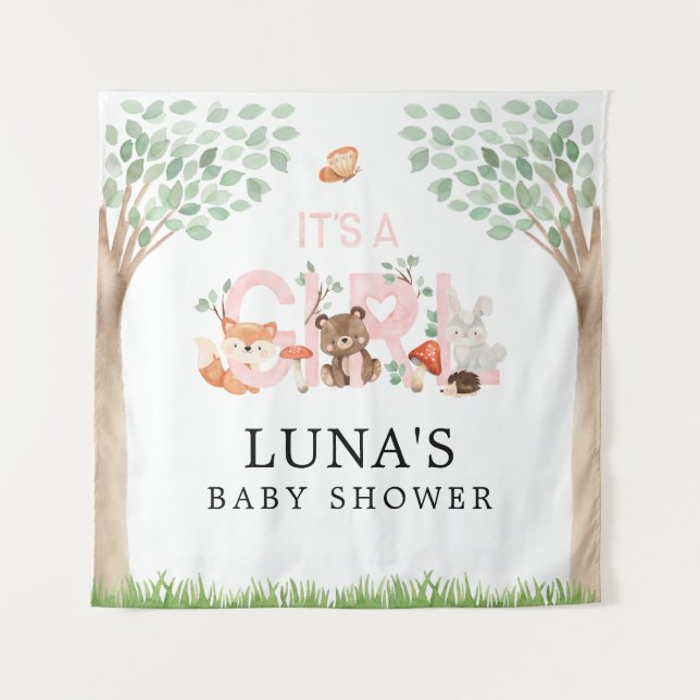 Tapiz Es el telón de fondo Chica de Woodland Baby Shower (Anverso)