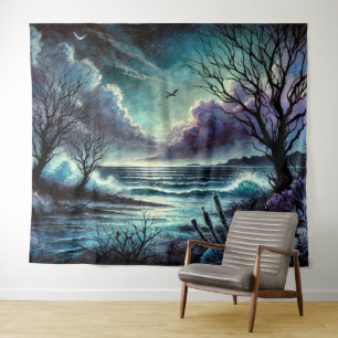 Tapiz Escape místico iluminado por luna con olas y árbol