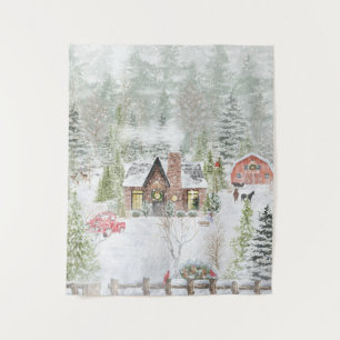 Tapiz Escena de cabaña de Navidad de invierno nevado