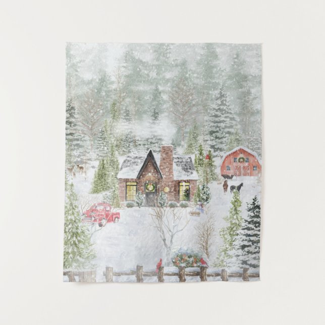 Tapiz Escena de cabaña de Navidad de invierno nevado (Anverso)