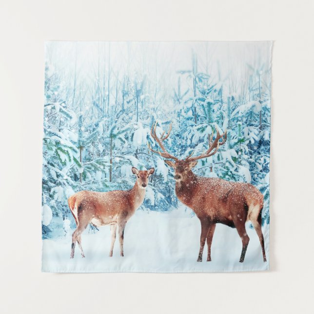 Tapiz Escena De Invierno De La Familia Snowy Deer (Anverso)