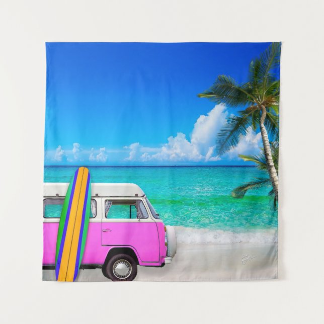 Tapiz Escena de playa con camioneta rosa Fuchsia y Surfb (Anverso)