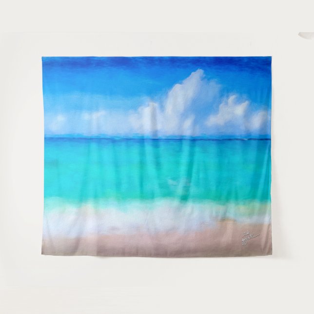 Tapiz Escena de playa tropical mar y arena acuarela (Anverso (horizontal))