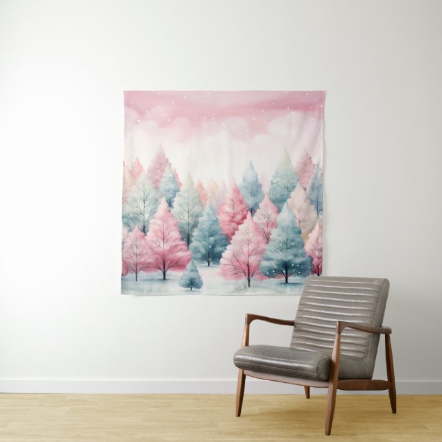 Tapiz Escena invernal de árboles de aves marinas y rosas (In situ)