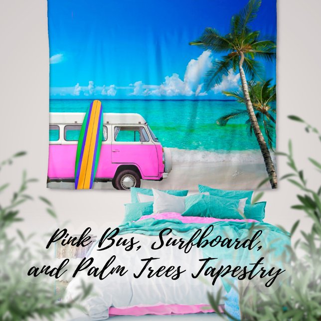 Tapiz Escena tropical de playa Fuchsia Van rosa y Surfbo (Subido por el creador)