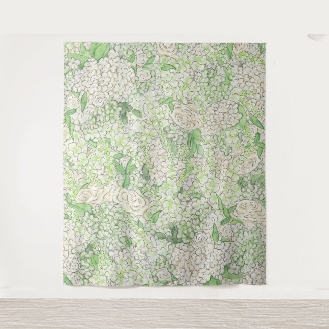 Tapiz Escudo de hidrangea blanca y verde acuarela (Anverso)