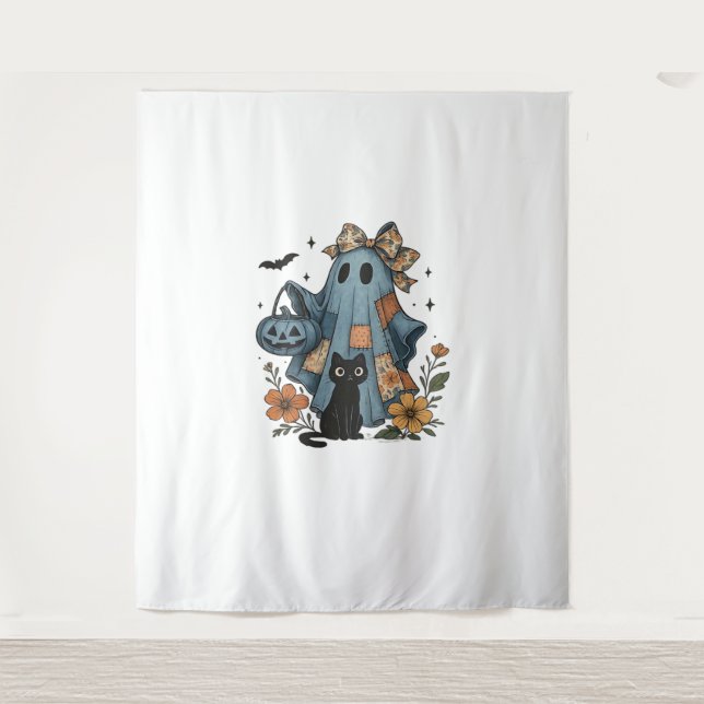 Tapiz Esencial T-Sh de gato negro fantasma de Halloween (Anverso)