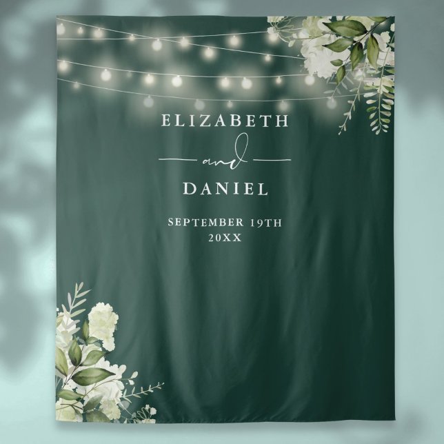 Tapiz Esmeralda Floral Luces Boda Foto de fondo (Emerald Floral Lights Wedding Photo Backdrop)