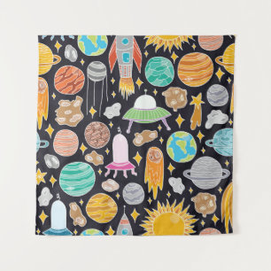 Tapiz Espacio Doodle: Cosmos Vintage hechos a mano.