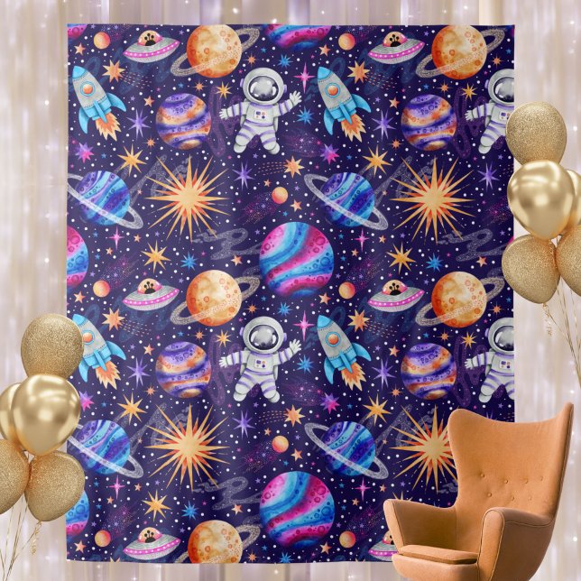 Tapiz Espacio exterior con astronauta, barco con cohetes (Outer Space with Astronaut, Rocket Ship & Planets Tapestry)