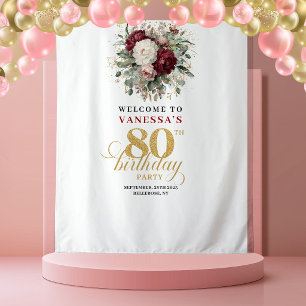 Tapiz Estandarte de Cumpleaños 80 Encantador Rosa Dorado