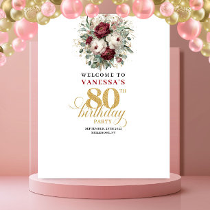 Tapiz Estandarte de cumpleaños 80 Glam Blush Burgundy