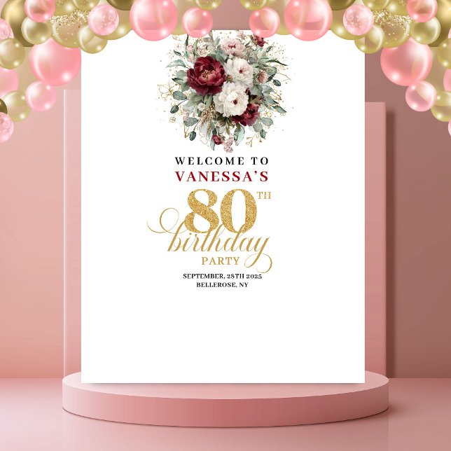 Tapiz Estandarte de Cumpleaños 80 Moderno Rosado Burdeos (Modern Blush Burgundy 80th Birthday Banner)