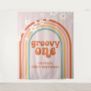 Tapiz Estandarte de cumpleaños Groovy One Retro Rainbow 