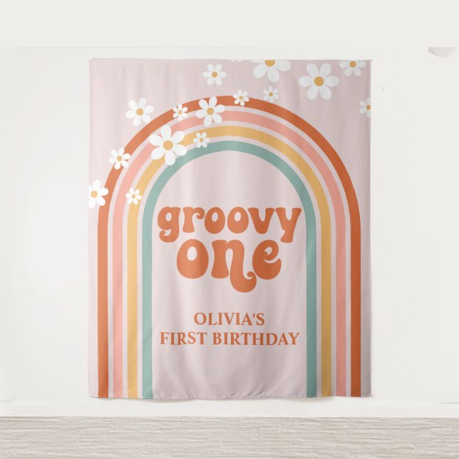 Tapiz Estandarte de cumpleaños Groovy One Retro Rainbow  (Anverso)