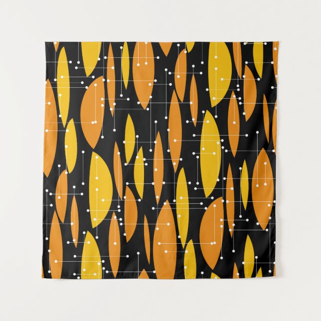 Tapiz Estilo atómico, patrón geométrico naranja negro. (Anverso)