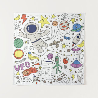 Tapiz Estilo Doodle, ilustracion temático espacial.
