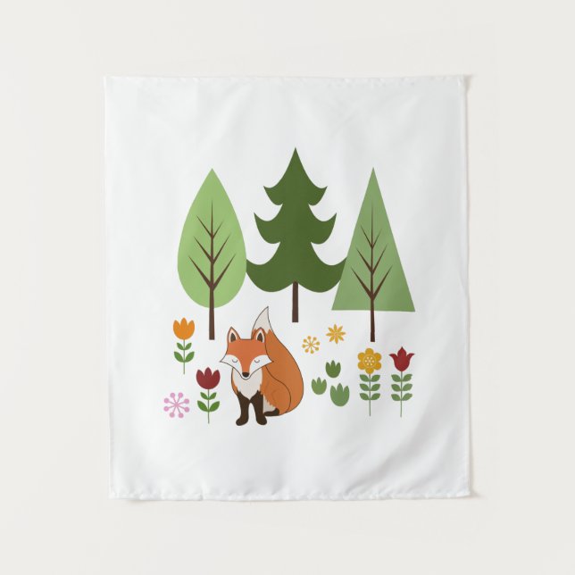 Tapiz Estilo escandinavo Fox Flores Árboles y texto (Anverso)