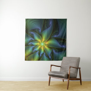 Tapiz Estrella abstracta, brillante arte azul verde dora