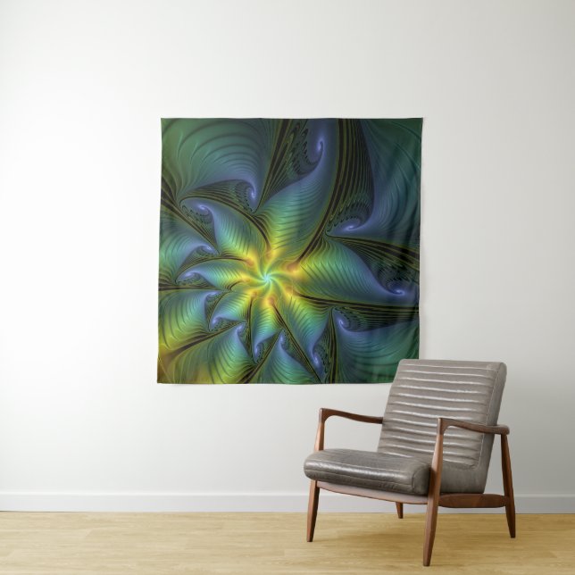 Tapiz Estrella abstracta, brillante arte azul verde dora (In situ)