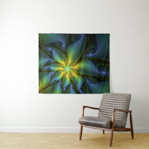 Tapiz Estrella abstracta, brillante arte azul verde dora