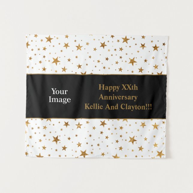 Tapiz Estrellas blancas/doradas con mensaje/foto anivers (Anverso (horizontal))