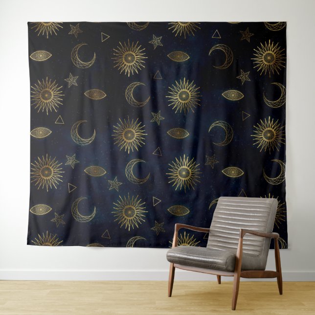 Tapiz Estrellas de luna de oro azul celestial (In situ (horizontal))